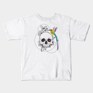 Skull Design, Beautiful Skull Art, Line Artwork, Colorful Bird Kids T-Shirt